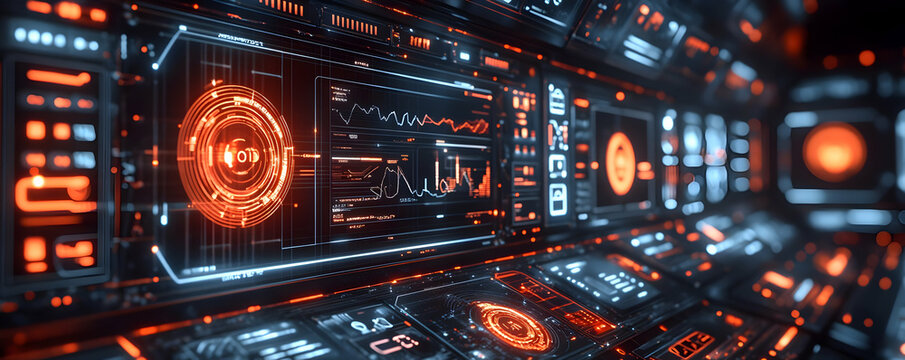 Futuristic control room; data streams, graphs, glowing interface