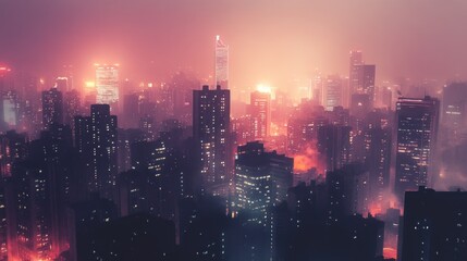 Fototapeta premium Night Cityscape: A Breathtaking Aerial View of a Dense Urban Metropolis Bathed in Pink and Orange Hues