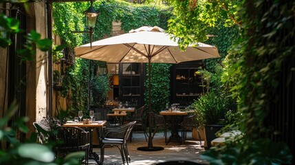 Fototapeta premium Tranquil Outdoor Dining Space Surrounded by Lush Greenery