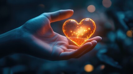 Fototapeta premium Glowing Heart in Hand Symbolizing Love and Connection at Night