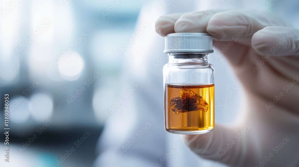 Poster laboratory scientist holding small glass container with amber liquid in gloved hand, representing re