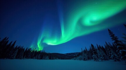 Fototapeta premium Aurora borealis dancing gracefully above a snow-covered evergreen forest under a starlit sky