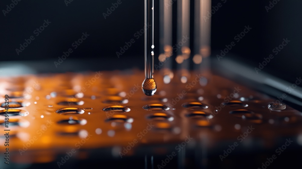 Poster close-up of droplet formation and release from pipette over visibly textured liquid surface in labor