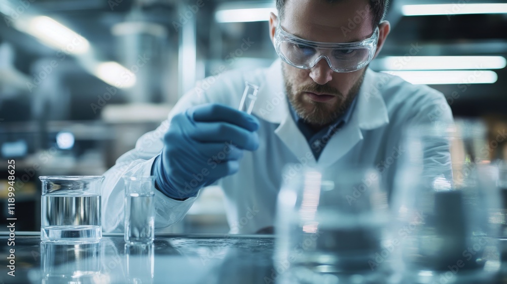 Poster scientist in a laboratory conducting experiments with test tubes and glassware, focusing on chemical
