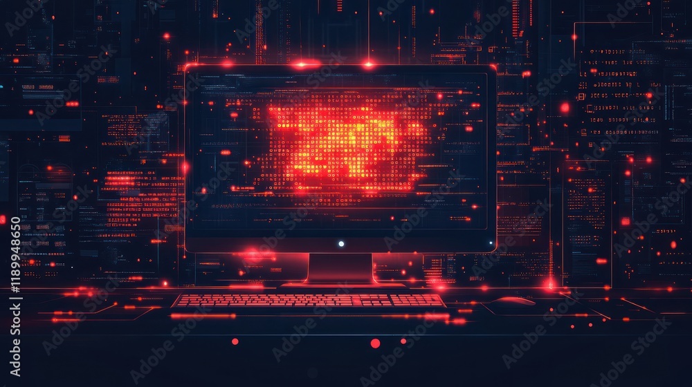 Poster glowing code displayed on a computer screen in a dark room.