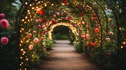Fototapeta premium Charming Floral Pathway with Twinkling Lights and Colorful Blooms