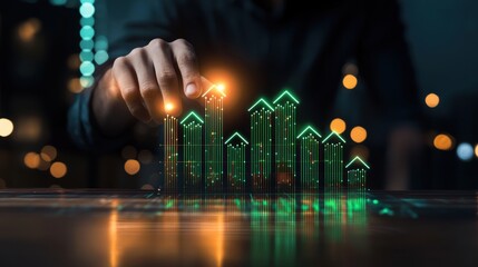 Green Upward Bar Chart with Arrows Symbolizing Business Growth and Success