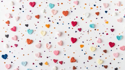 Colorful Heart Shapes and Confetti on White Background