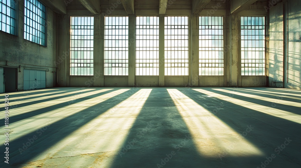 Poster sunlight streams through large factory windows