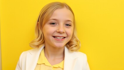 professional closeup photo young girl wearing a white blazer and a yellow shirt. ocean wavy hair  smiling confidently yellow background