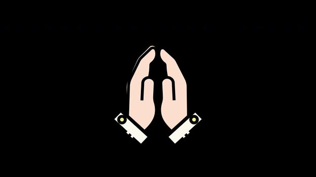 Illustration of two hands in a praying gesture on a black background.