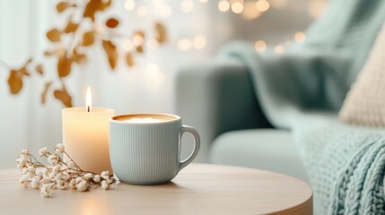 Cozy Scene with Latte in Ceramic Mug Next to Candle and Stylish Decor