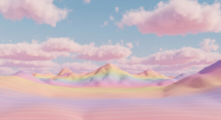 Surreal Pastel Playful Rainbow Gradient Hills with Soft Pink Clouds and a Light Blue Sky Landscape Illustration