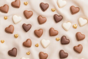 Fototapeta premium Heart-Shaped Chocolates Scattered on Soft Surface for Romantic Occasions