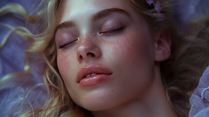 "Golden Dreams in Violet Light: Where Sunlit Tresses Dance with Morning Dew, Peaceful Slumber Paints Poetry on Porcelain Skin, and Beauty Blooms in Every Gentle Breath"