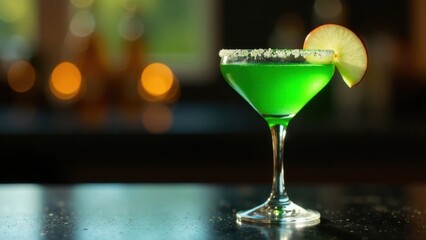 A refreshing green cocktail garnished with a vibrant apple slice, subtly rimmed with sugar, rests elegantly on a dark surface, bathed in the soft glow of ambient light.