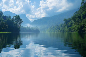 "Mirror of Tranquility: Where Mountain Spirits Dance with Morning Mist, Ancient Trees Guard Sacred Waters, and Heaven's Light Paints Stories on Nature's Perfect Canvas"