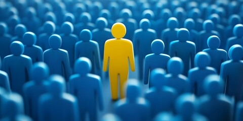 Unique Yellow Figure Icon Amidst a Crowd of Blue Human Silhouettes Symbolizing Recruitment and Talent Selection