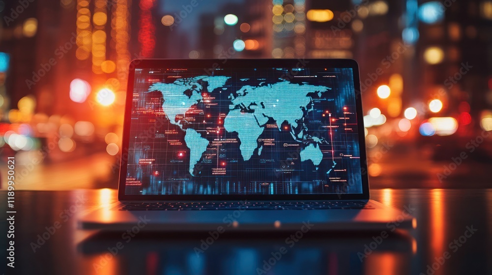 Poster laptop displaying global network data at night.