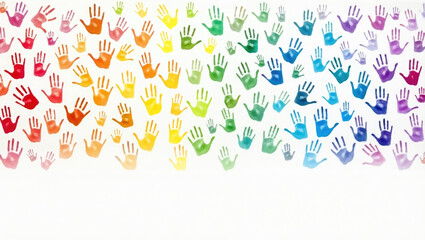 Obraz premium A colorful collection of handprints in different colors on a white background.Multicolored isolated palms represent creativity, childhood and diversity