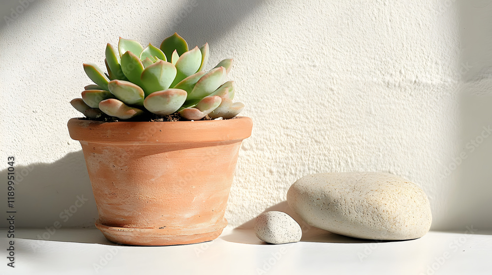 Canvas Prints A succulent in a terracotta pot sits on a white surface, bathed in sunlight. Smooth stones accent the scene, creating a minimalist, calming aesthetic. Perfect for home decor or wellness themes.