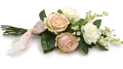 Elegant bouquet of peach and white roses with lily of the valley, tied with a delicate pink ribbon. Perfect for weddings, anniversaries, or special occasions.