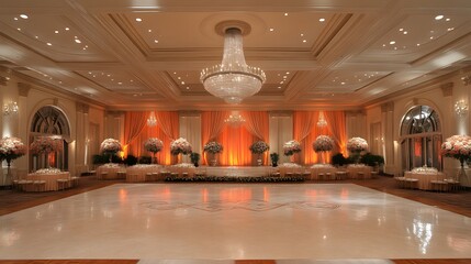 Elegant ballroom wedding reception venue with dance floor, lighting, and floral arrangements.