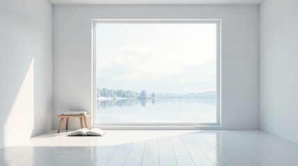 Fototapeta premium Serene Minimalist Room with Expansive Lake View and Simple Wooden Side Table