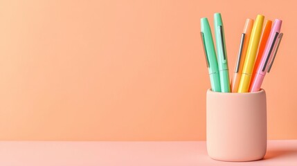 A pastel-colored image featuring a ceramic pot holding colorful pens against a soft peach background.
