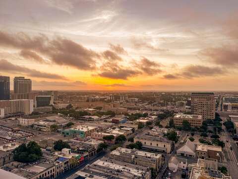 The Sun rises over Austin, Texas, USA during a dangerous Summer heat wave that has been straining the power grid and causing brownouts and electrical shortages on the ERCOT power grid 