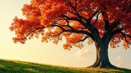 Naklejka premium Autumnal Majesty A Solitary Tree in Vibrant Fall Foliage, Basking in the Golden Hour Light on a Gently Sloping Meadow