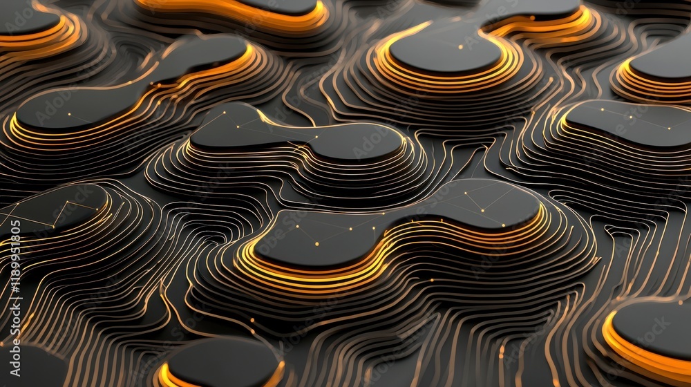Poster a visually striking abstract design featuring layered black forms with glowing orange accents, creat