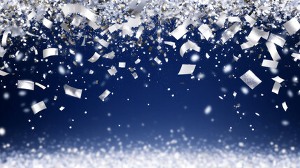 Elegant silver and white confetti gracefully descends against deep blue background, creating festive and celebratory atmosphere perfect for events and parties