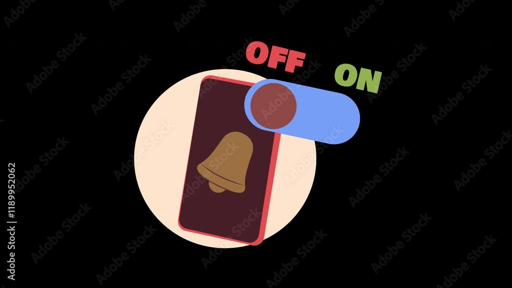 Poster a cartoon illustration showing a phone with a notification bell and a toggle switch labeled off and 