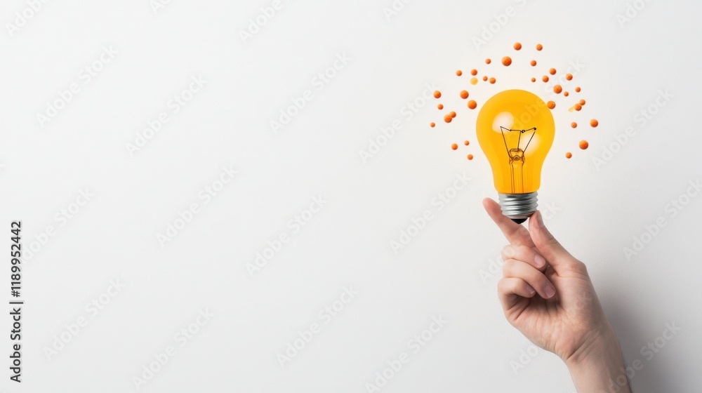 Poster a creative representation of an illuminated light bulb held by a human finger with colorful bubbles 