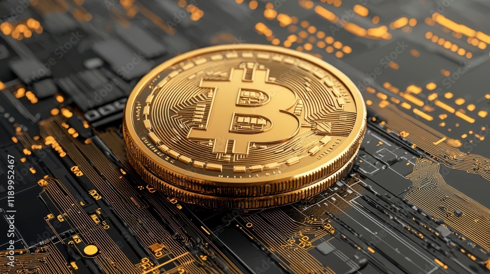 Poster a shiny bitcoin sits on a textured circuit board, symbolizing the intersection of cryptocurrency and
