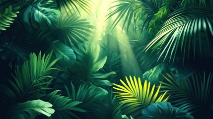 Lush tropical jungle with sunlight streaming through dense foliage.