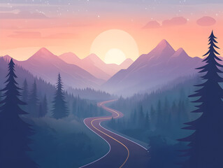 Sunset road through mountains scenic landscape digital art tranquil view