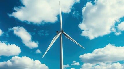 Obraz premium Renewable policy Wind turbine against a blue sky with fluffy clouds.