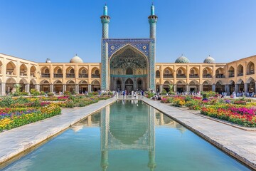 Naklejka premium Iranian Mosque Courtyard, vibrant flowers, reflecting pool, bustling market background