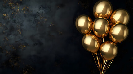 Bunch of gold balloons against a black wall background for a horizontal banner