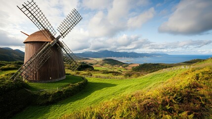 Fototapeta premium Renewable policy Scenic landscape featuring a wooden windmill and rolling hills under a dramatic sky.
