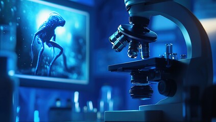 Microscope Reveals Tiny Lifeforms, Unveiling Cellular Structures with Deep Blue Lighting in a Laboratory Setting.