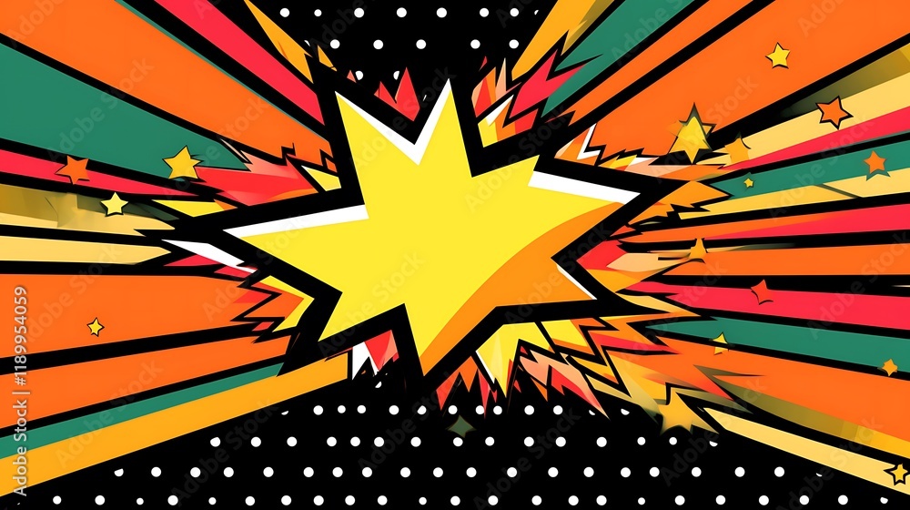 Poster bright yellow star exploding with colorful rays
