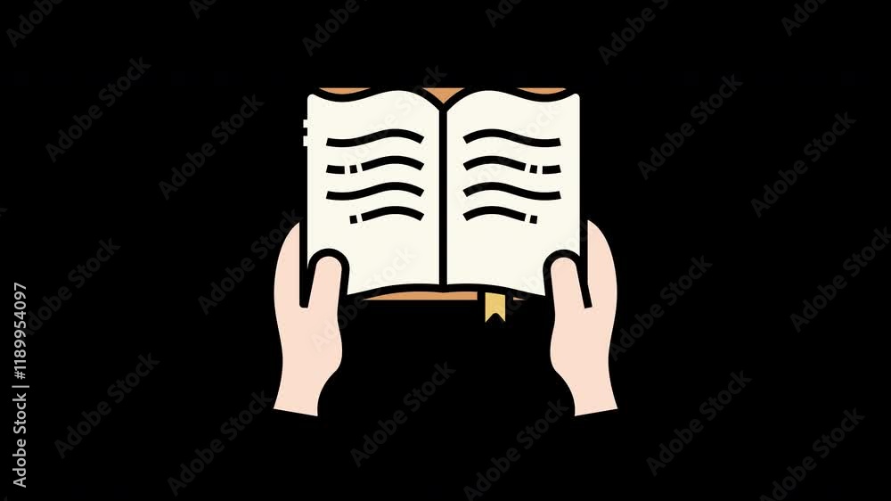 Poster a person reading a book with both hands, depicted in a simple and colorful style.