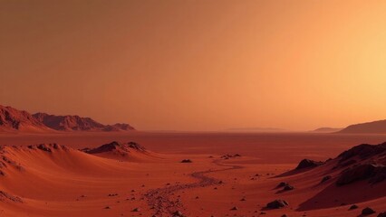 Arid Martian Landscape at Sunset Red Planet Dunes and Distant Mountains Under a Hazy Sky