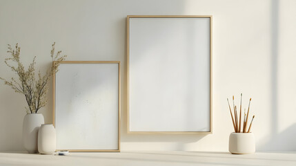 Minimalist interior design featuring blank frames and decorative vases in soft natural light.