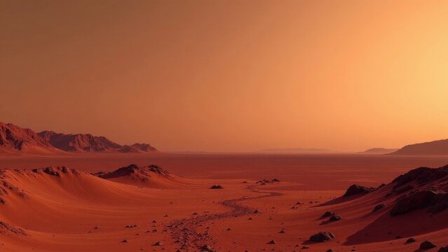 Arid Martian Landscape at Sunset Red Planet Dunes and Distant Mountains Under a Hazy Sky