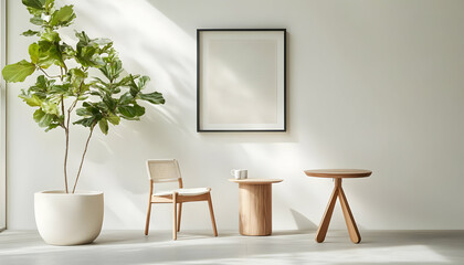 Stylish and modern living space featuring minimal furniture and a large indoor plant in bright, natural light.