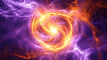Dramatic vortex of neon purple and molten orange forces spiraling inward toward a central point of tension, surrounded by arcing trails of incandescent sparks. Crystalline shards of light burst